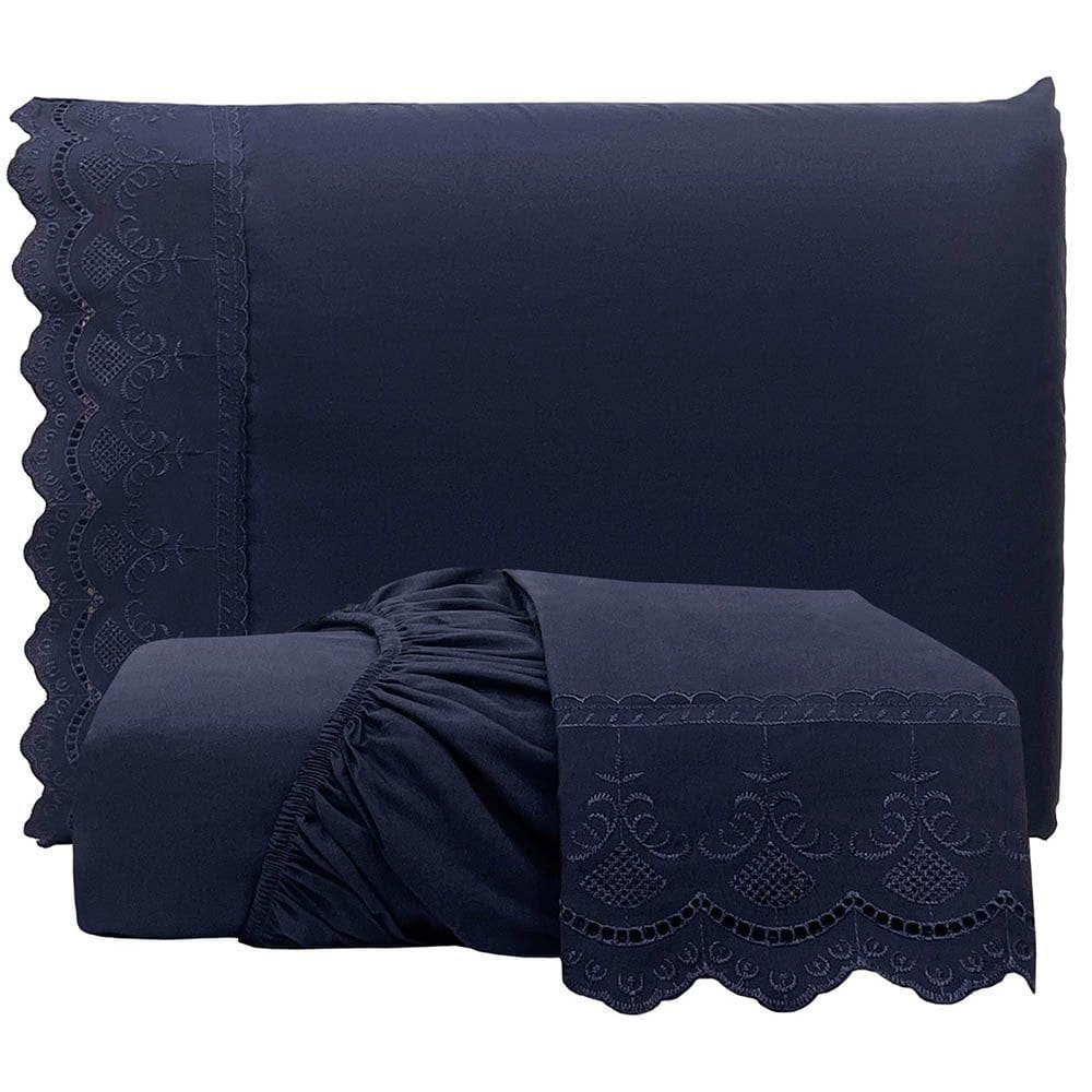 Jogo De Lençol Realce Queen 3 Peças Percal 300 Fios Bordado Inglês Macio - Azul Marinho - 100% Poliéster