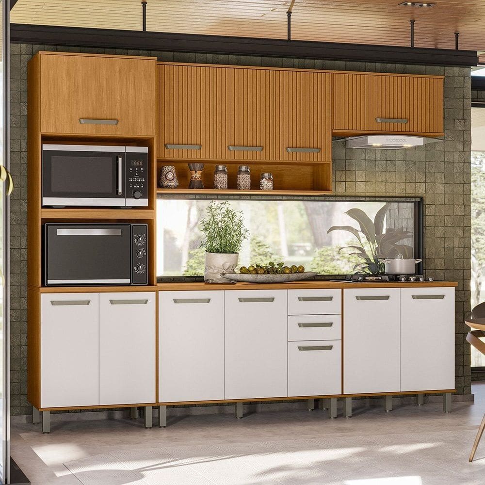 Cozinha Modulada Completa 5 Peças 12 Portas 2 Gavetas com Torre Quente Criare Freijó Ripado/Off White Acetinado