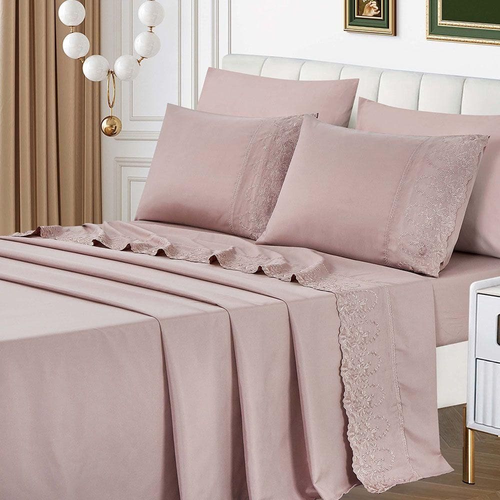 Jogo De Lençol Lummi King 4 Peças Percal 300 Fios Bordado Inglês Macio - Malva - 100% Poliéster