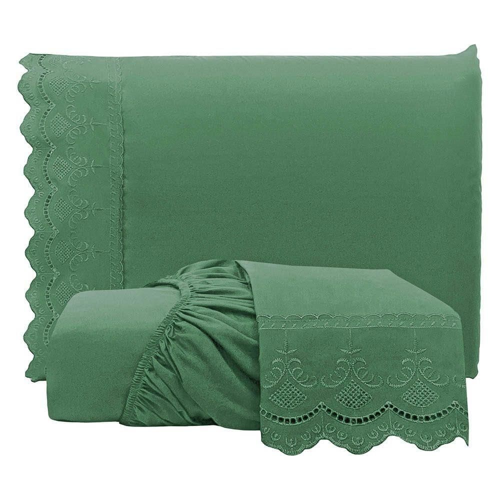 Jogo De Lençol Realce Casal 3 Peças Percal 300 Fios Bordado Inglês Macio - Verde - 100% Poliéster