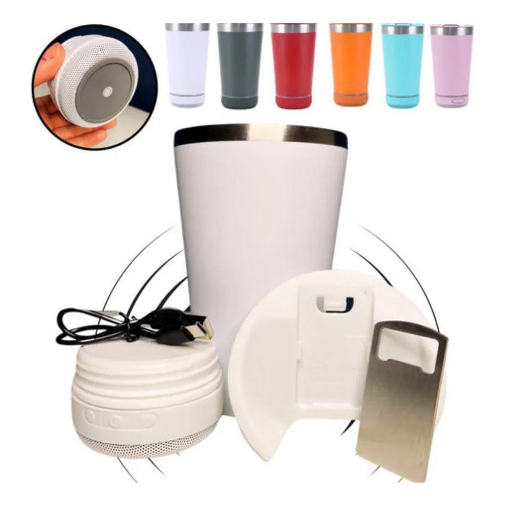 2X Copo Termico Com Caixa De Som Bluetooth Led Tampa Abrido