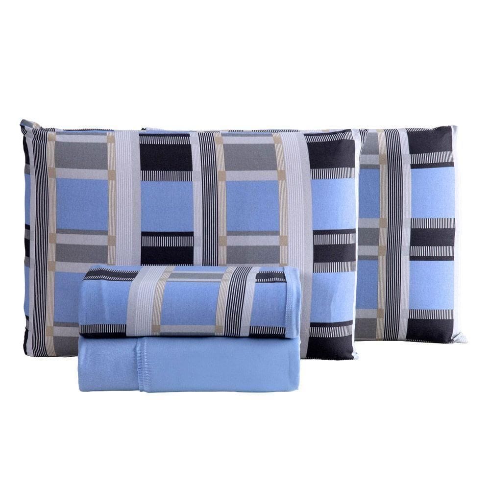 Jogo De Lençol Luar Queen 4 Peças Malha 100% Algodão Estampado - Xadrez Azul