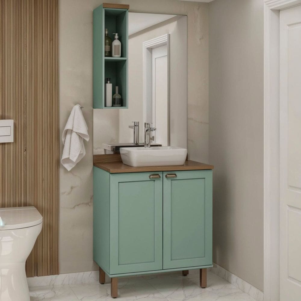 Conjunto de Banheiro Modulado 100% Mdf Americano 2 Peças Iluminata Mint/Ébano