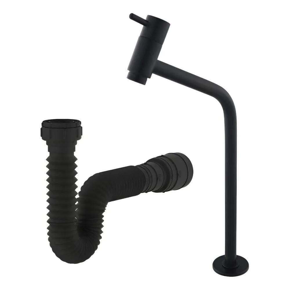 Torneira Lavatorio Pia De Mesa Bica Alta Black + Sifão Black