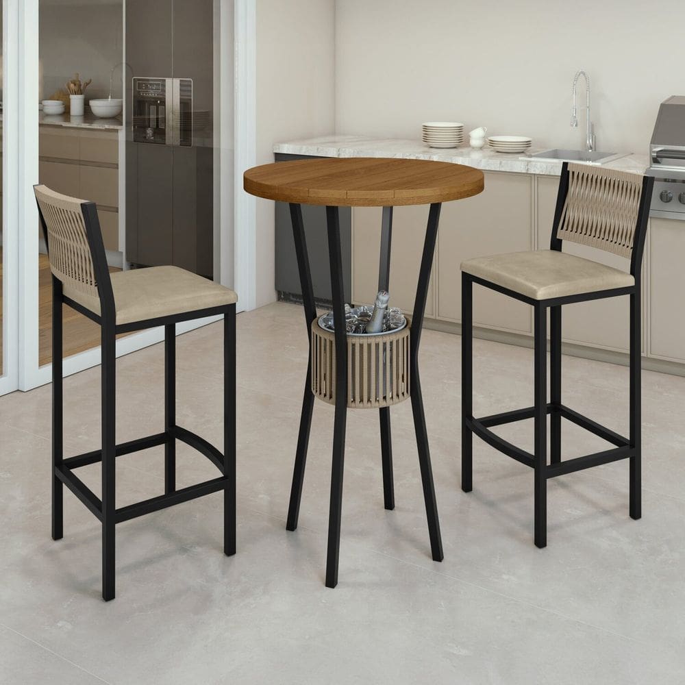 Conjunto Mesa Bistrô Bar Tampo Madeira Maciça Ripado 70cm com 2 Banquetas Barcelona Rami/Pérola/Preto