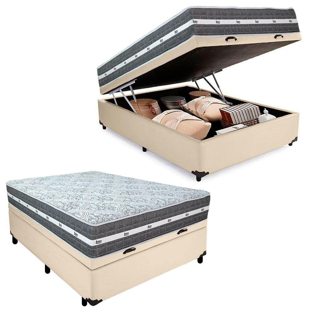 Cama Box Baú Casal Sintético + Colchão Black Graphite Molas Ensacadas 138x188x64cm Cor:bege
