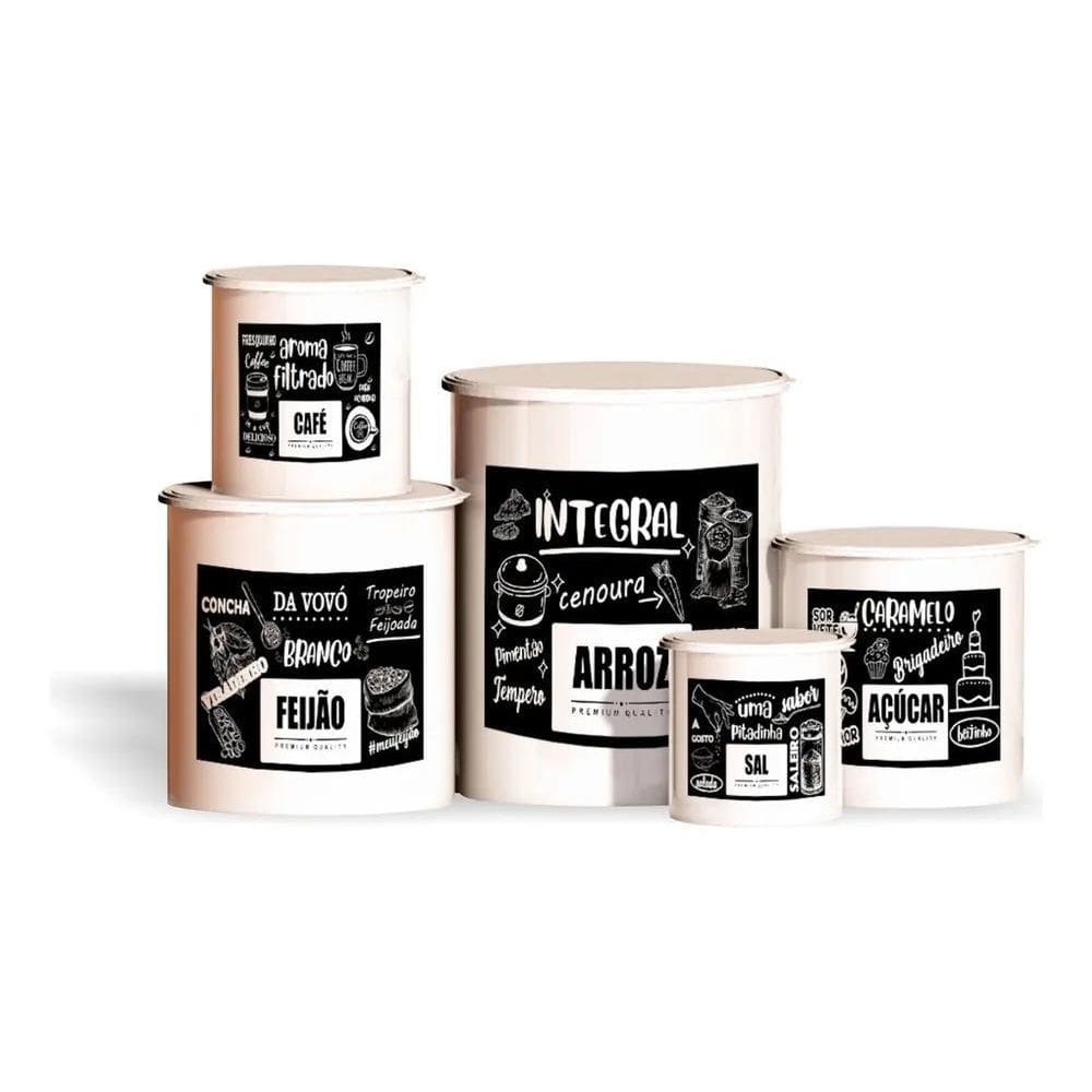 Kit 5 Potes De Mantimentos Plástico Decorado Preto Pb Frases