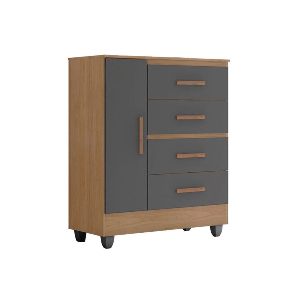 Comoda 04 Gavetas 01  Porta Lite com Pés - Nature/Cinza Móveis Leão