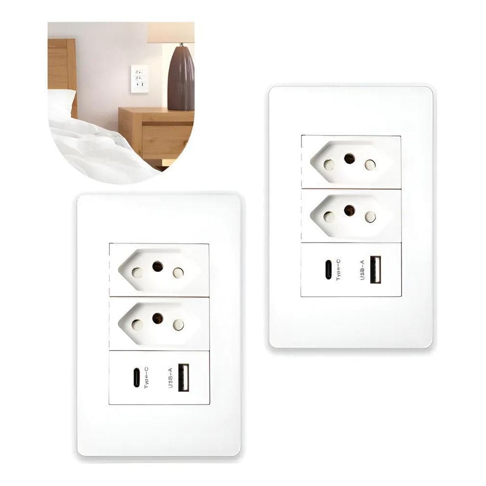 Kit 2 Tomada Dupla Parede Entrada Usb E Tipo C Branco Tm05