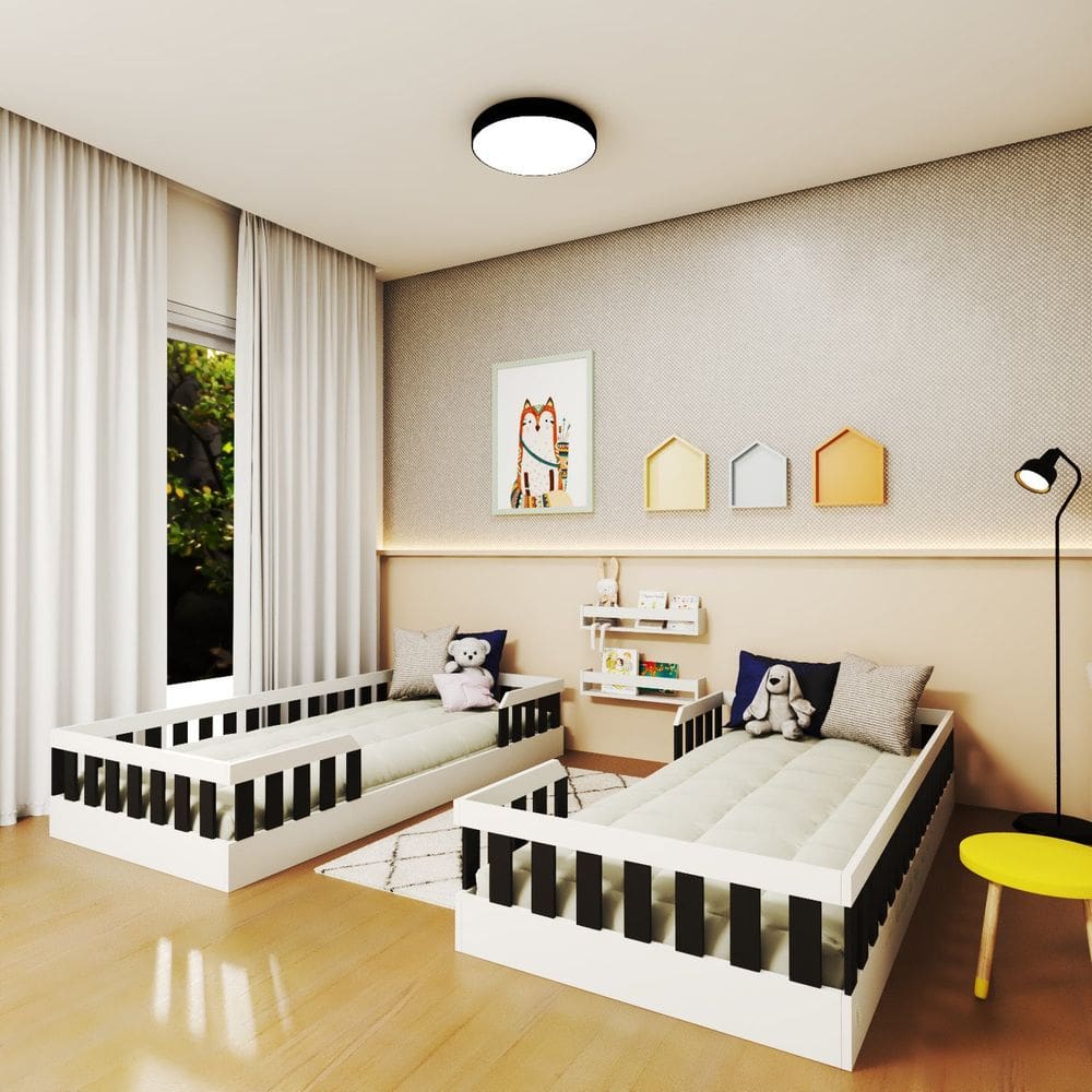 Conjunto com 2 Camas Infantil Montessoriana Solteiro Cori Yescasa Branco/Preto