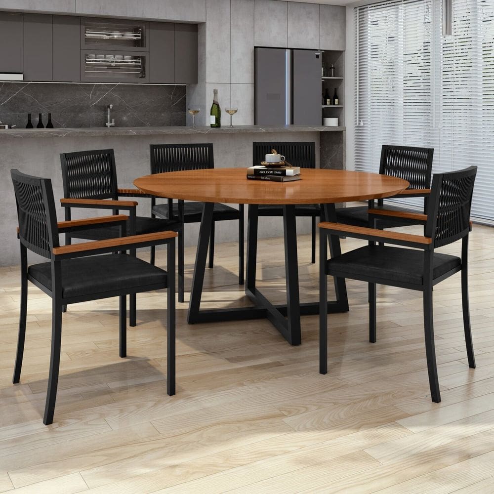 Conjunto Sala de Jantar Mesa Redonda Coliseu com 6 Cadeiras Barcelona Cinamomo/Preto Galaxy