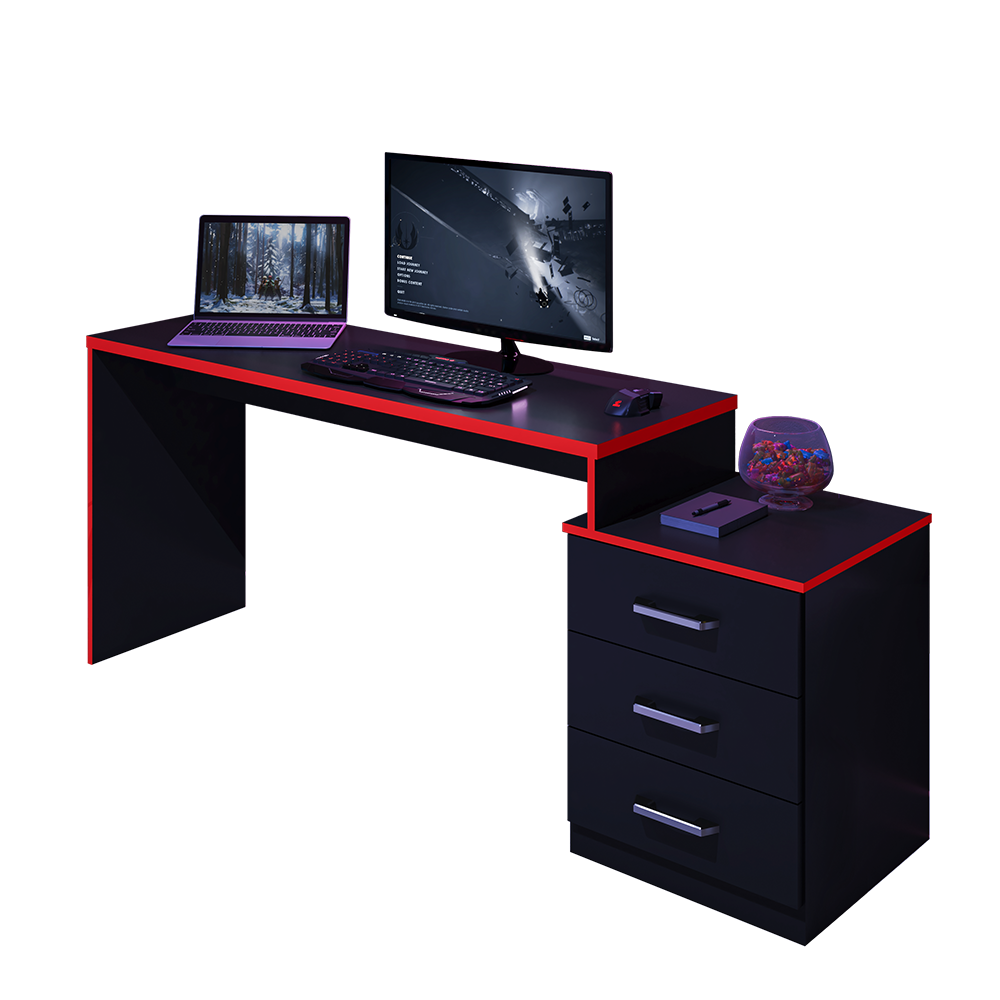 Mesa Para Computador e Escrivaninha DRX 5000 com 3 Gavetas - Preto/Vermelho Móveis Leão
