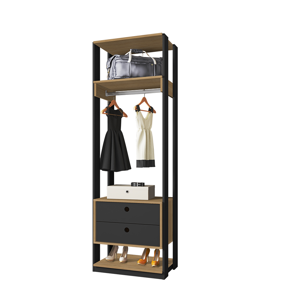 Roupeiro Closet Multiuso 3 Prateleira 2 Gaveta Tita - Nature/Preto Móveis Leão