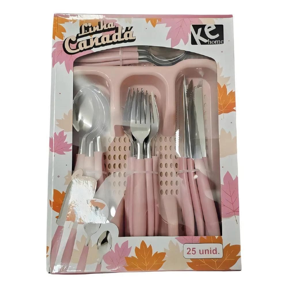 Kit Talheres 24 Pecas Porta Talher Luxo Premium Cor Rosa