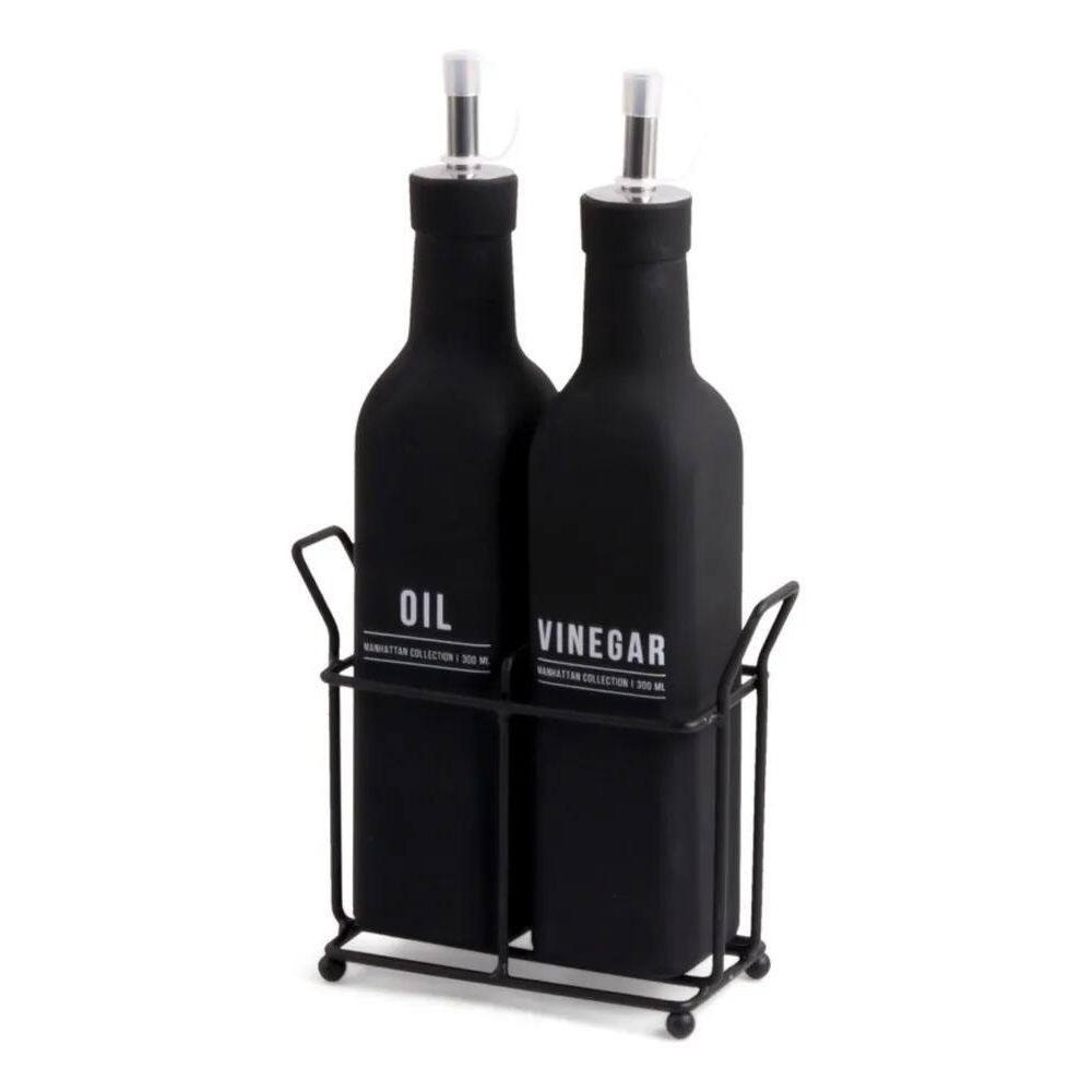 Conjunto Galheteiro De Vidro 300Ml 2 Peças Preto Com Dosador
