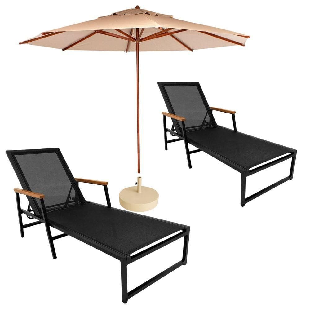 2 Espreguiçadeiras Alumínio + Ombrelone Piscina Praia Lazer Preto