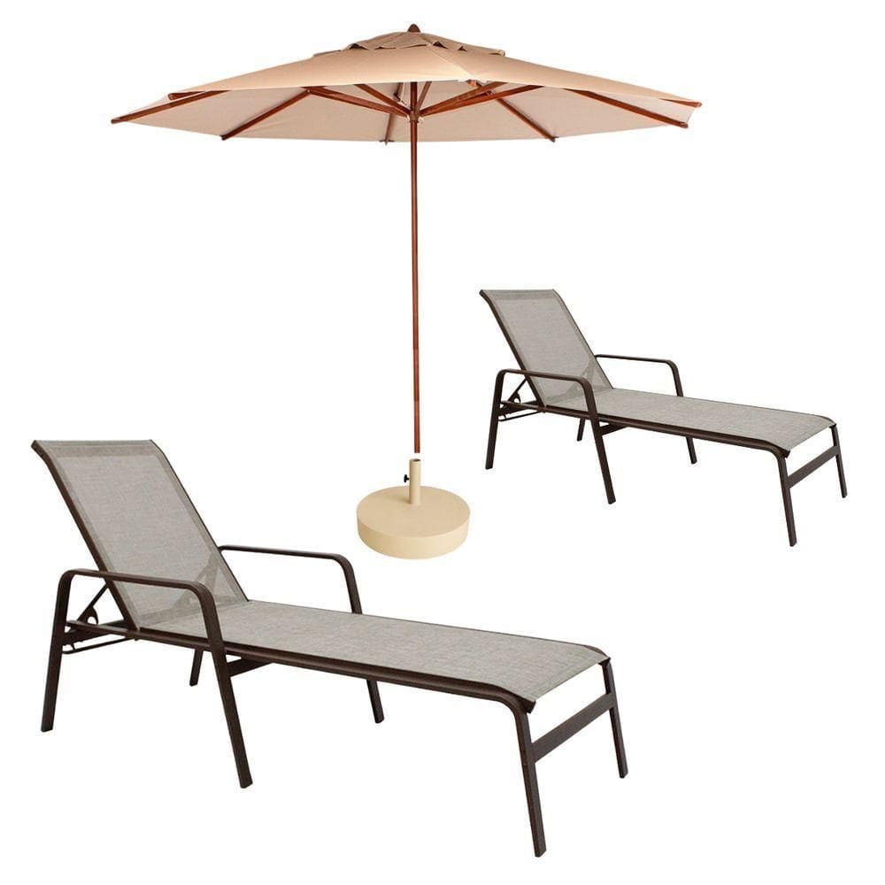 2 Cadeira Espreguiçadeira Piscina Sevilha + Guarda Sol Praia Nossakasa Capuccino