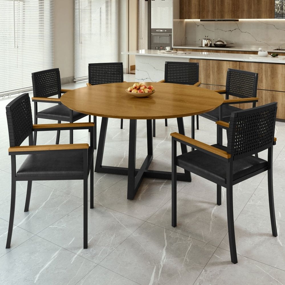 Conjunto Sala de Jantar Mesa Redonda Coliseu 150cm com 6 Cadeiras Madri Preto/Cinamomo