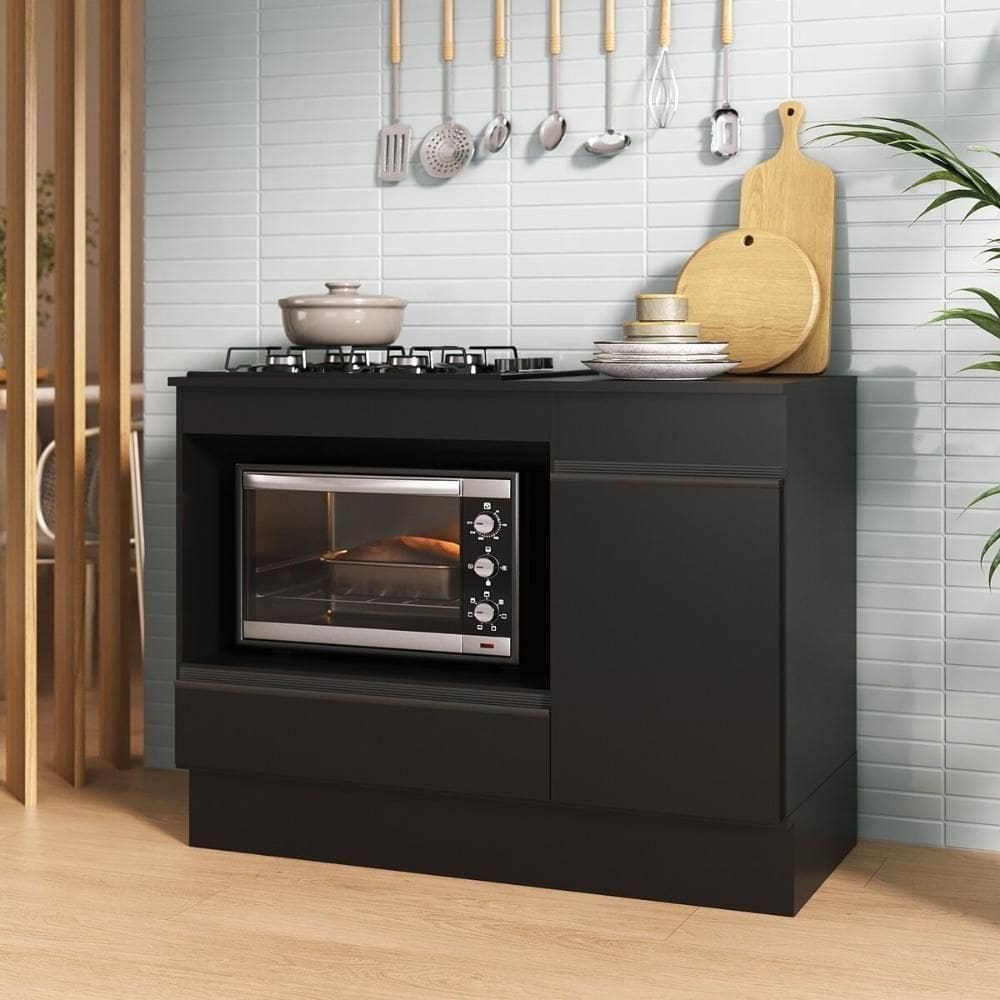 Balcão Cozinha Para Cooktop E Forno 105cm 1 Porta 1 Gaveta Com Rodapé Veneza Multimóveis Mp2295 - Preto