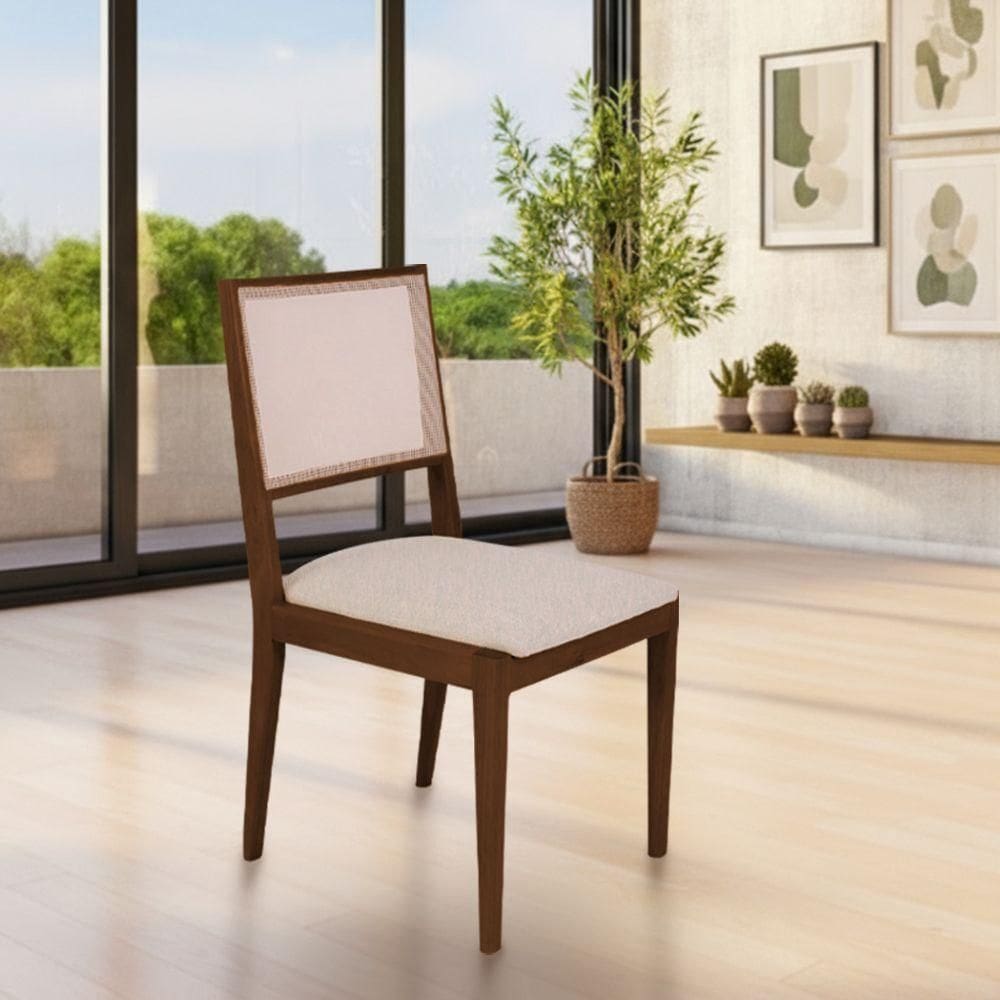 Cadeira De Jantar Estofada Suellen Em Madeira E Mdf Mel Linho Bege