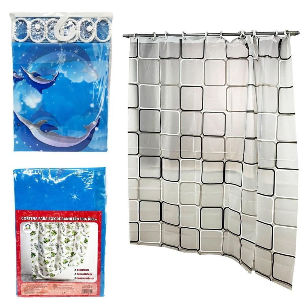 Cortina Box Banheiro Poliéster Com Ganchos 180Cmx180Cm