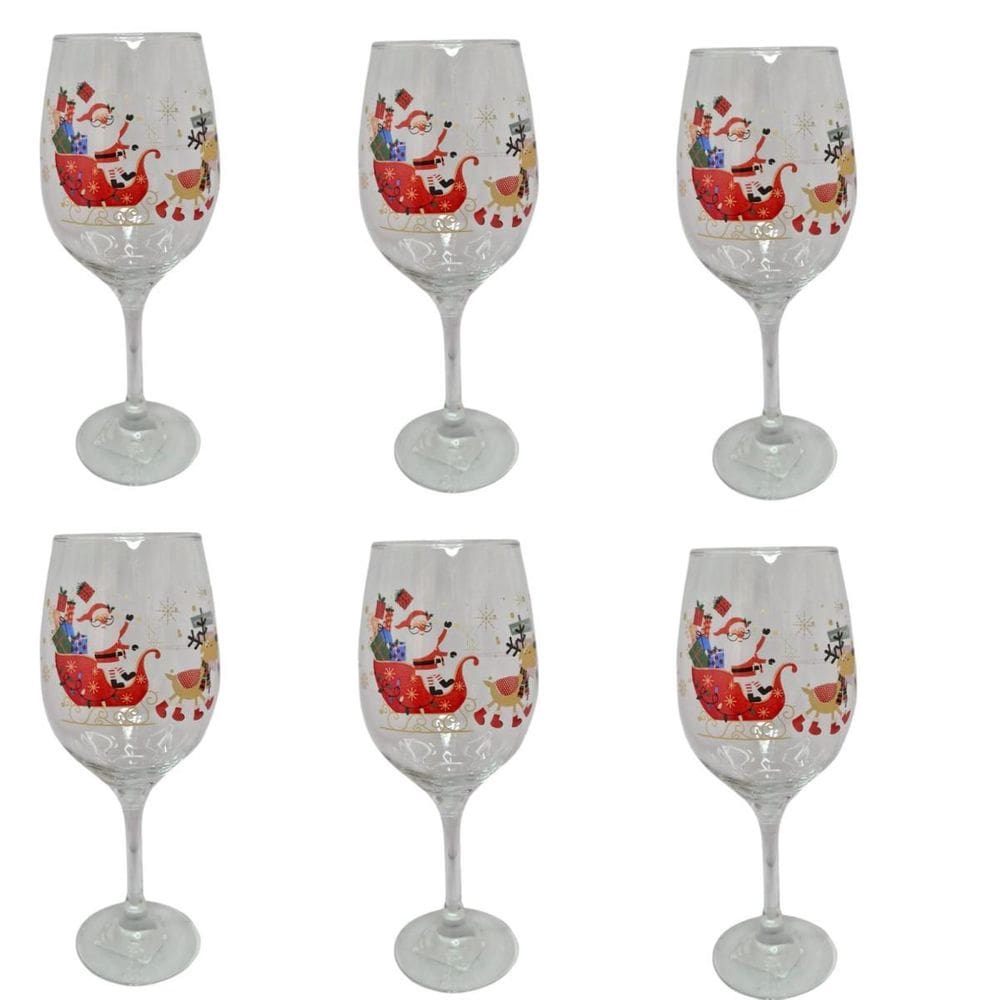Kit 6 Taças De Vidro Vinho 490 Ml De Natal Presente Trenó