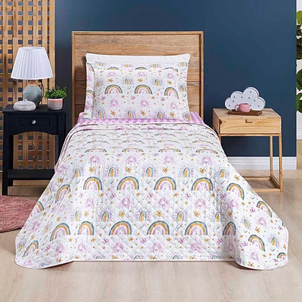 Kit Cobre Leito Colcha Joy Kids Solteiro Infantil 2 Peças Micropercal 200 Fios - Rainbow - 100% Poliéster