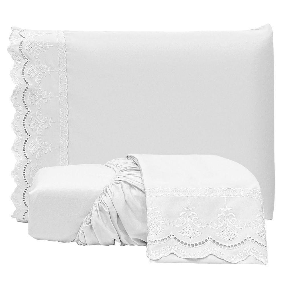 Jogo De Lençol Realce Casal 3 Peças Percal 300 Fios Bordado Inglês Macio - Branco - 100% Poliéster