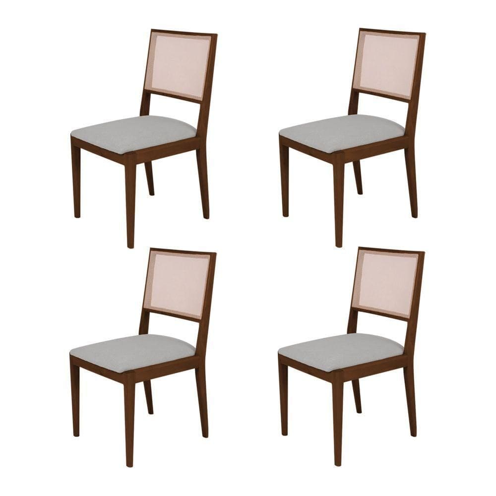 Conjunto Com 4 Cadeiras De Jantar Suellen Em Madeira E Mdf Mel Linho Cinza Prata