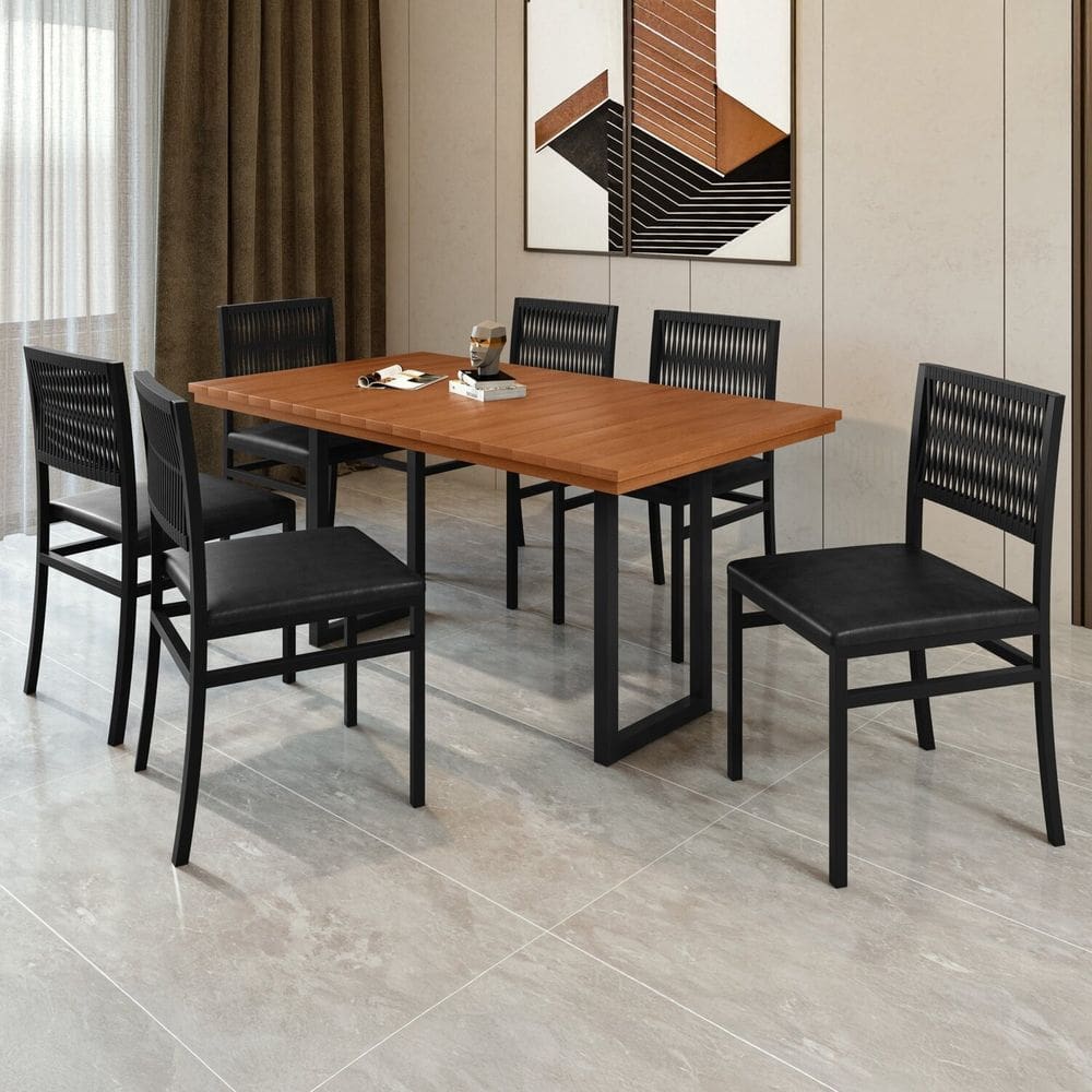 Conjunto Itália Tampo Ripado Eucalípto 160cmx90cm com 6 Cadeiras Barcelona Preto