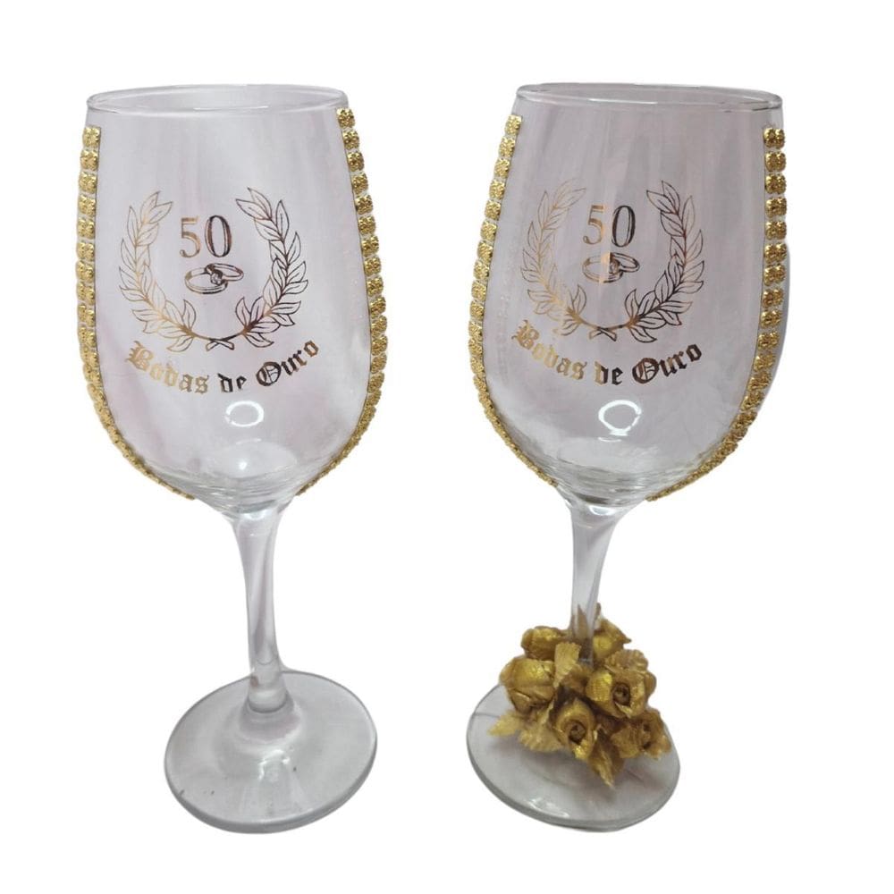 Kit 2 Taças Vidro Bodas De Ouro 50 Anos Luxo Rosa + Presente