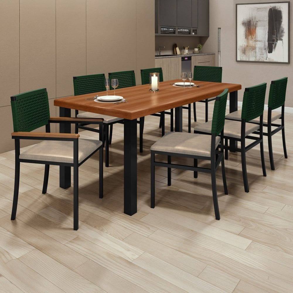 Conjunto Sala de Jantar Mesa Athenas Tampo Madeira Maciça 200x90 com 8 Cadeiras Madri Verde/Pérola