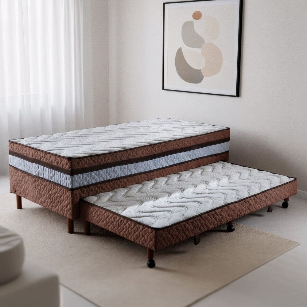 Cama Box Conjugada Solteiro com Cama Auxiliar Pés em Madeira Maciça Dream Rústico Cerejeira/Bege