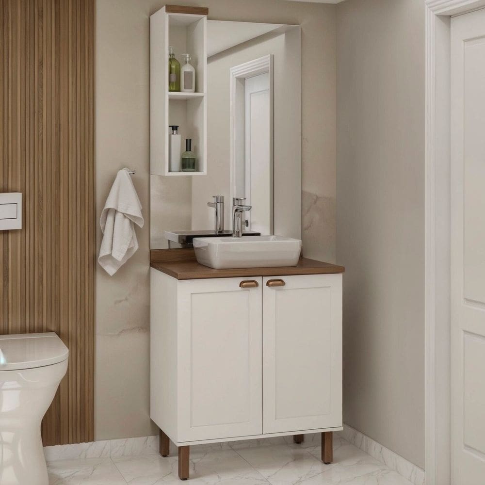 Conjunto de Banheiro Modulado 100% Mdf Americano 2 Peças Iluminata Branco/Ébano