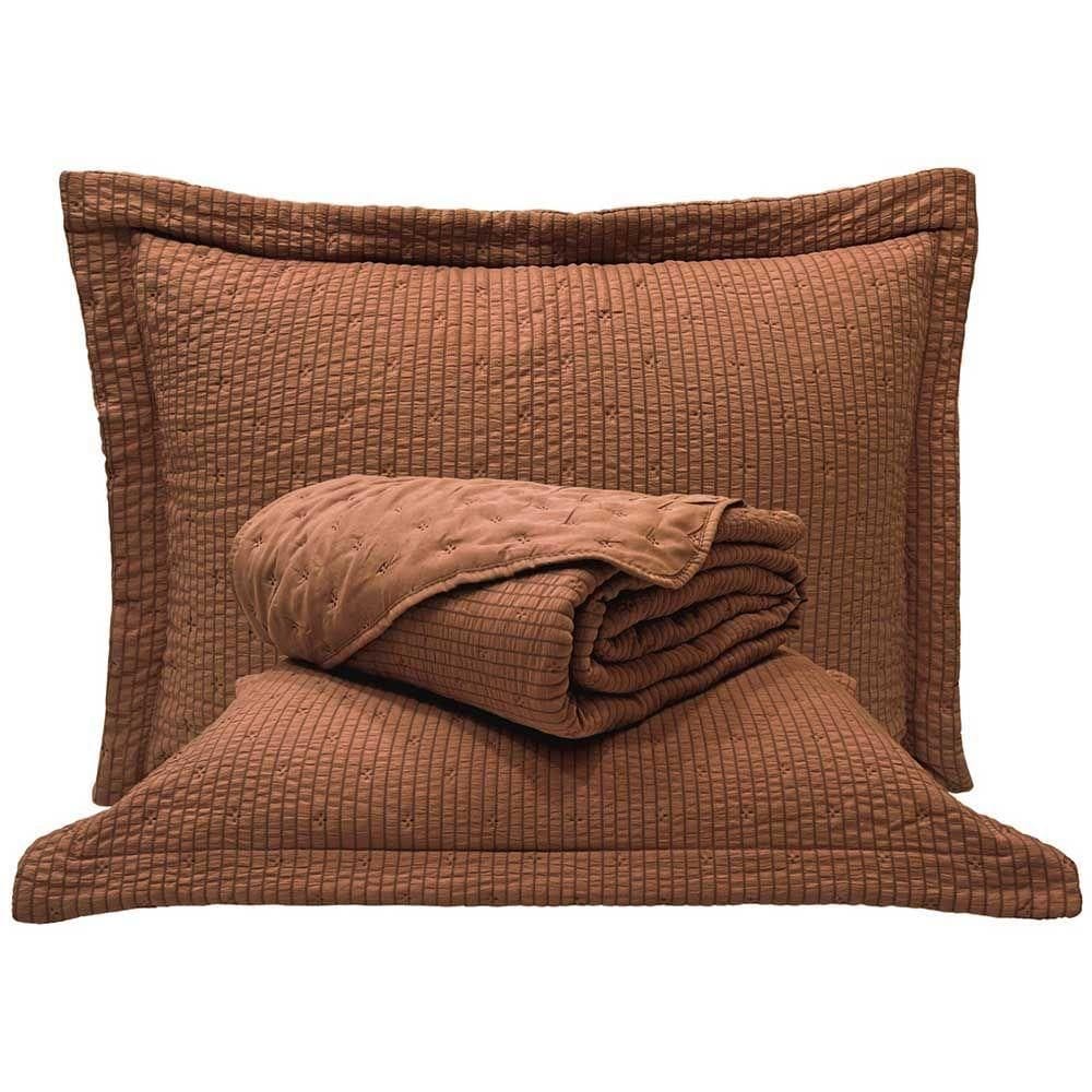 Kit Cobre Leito Colcha Craft Casal 3 Peças Percal 300 Fios Dupla Face Texturizado - Castanho - 100% Poliéster