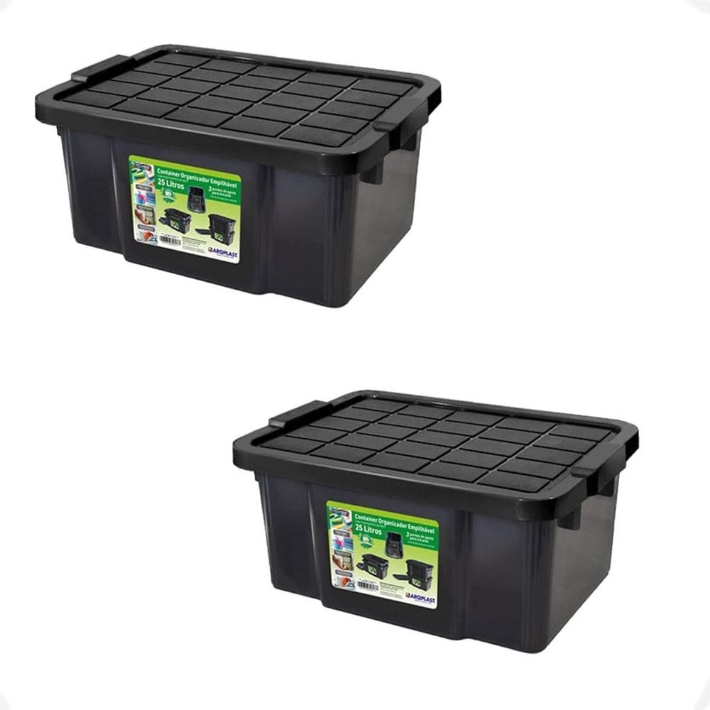 2 Caixa Organizadora Multiuso Preta 15L Empilhável Com Tampa