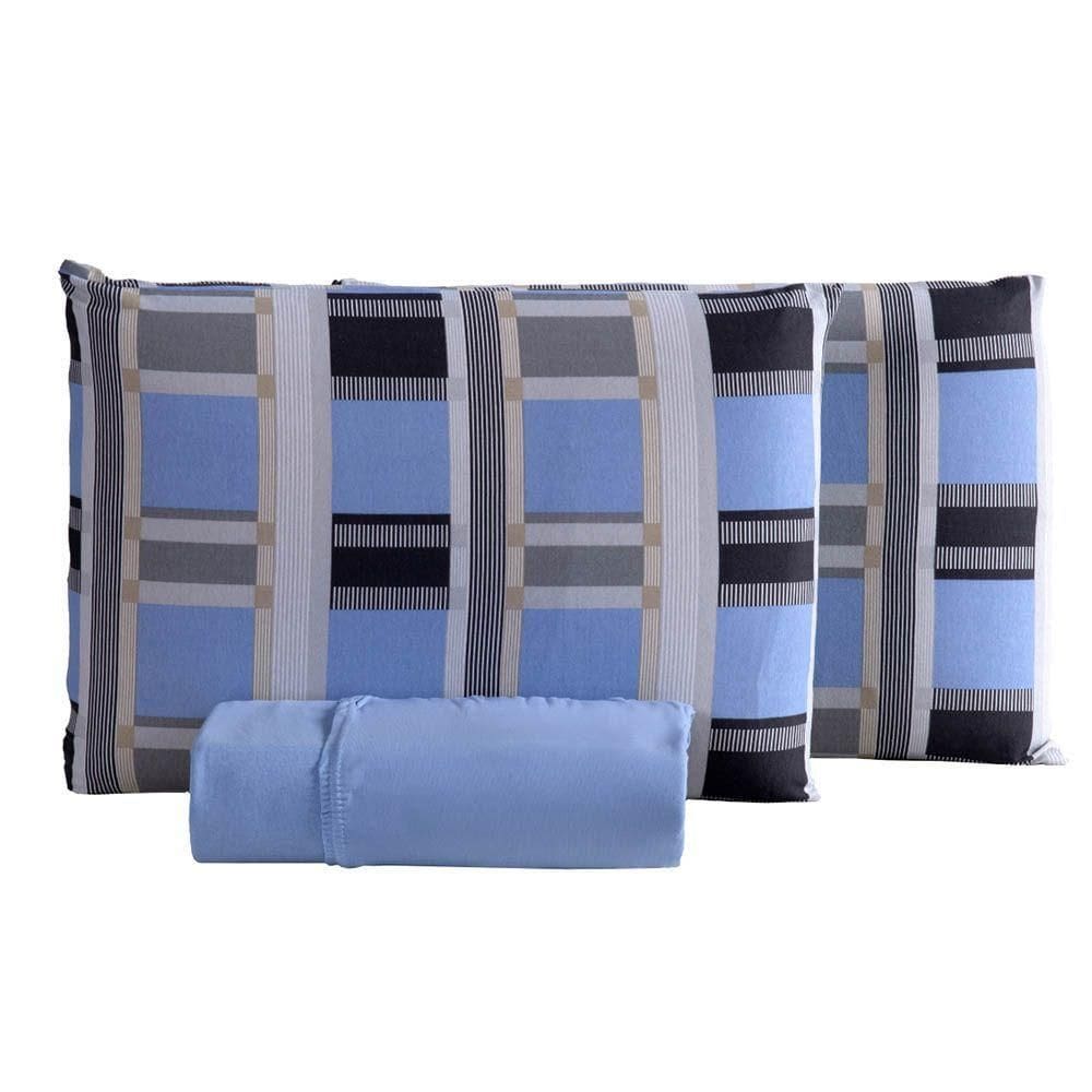 Jogo De Lençol Luar Queen 3 Peças Malha 100% Algodão Estampado - Xadrez Azul