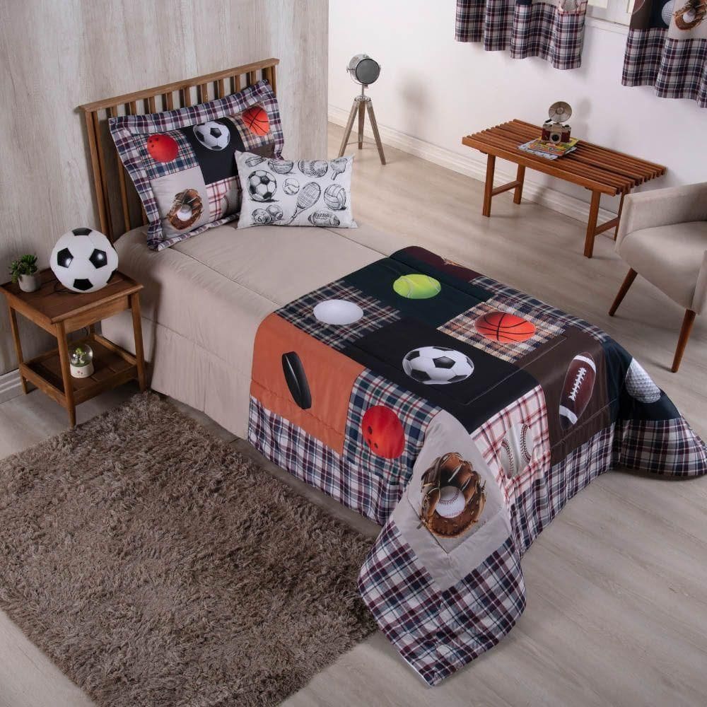 Kit Edredom Juvenil Solteiro 04 Peças Estampado 300 Fios - Esportes - 100% Poliéster