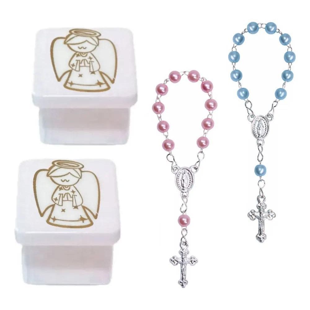 Kit Batizado Caixa Anjo Dourado Mini Terç Branca Chá Revelaç