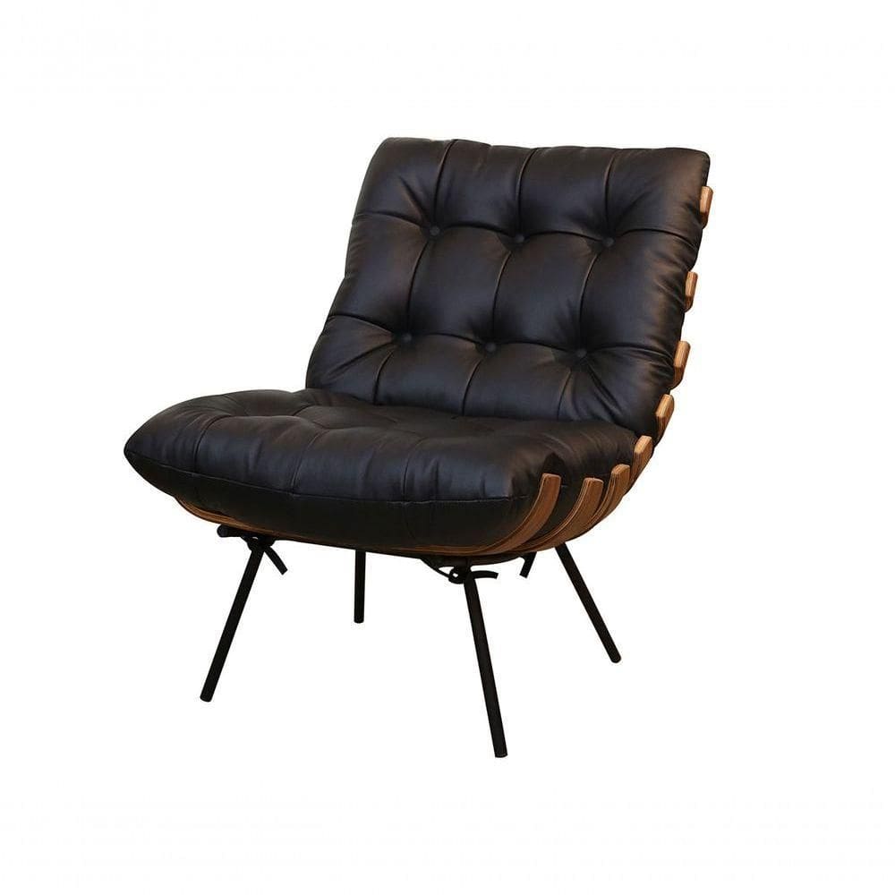 Poltrona E Puff Giratórios De Couro Costela Wood Preto