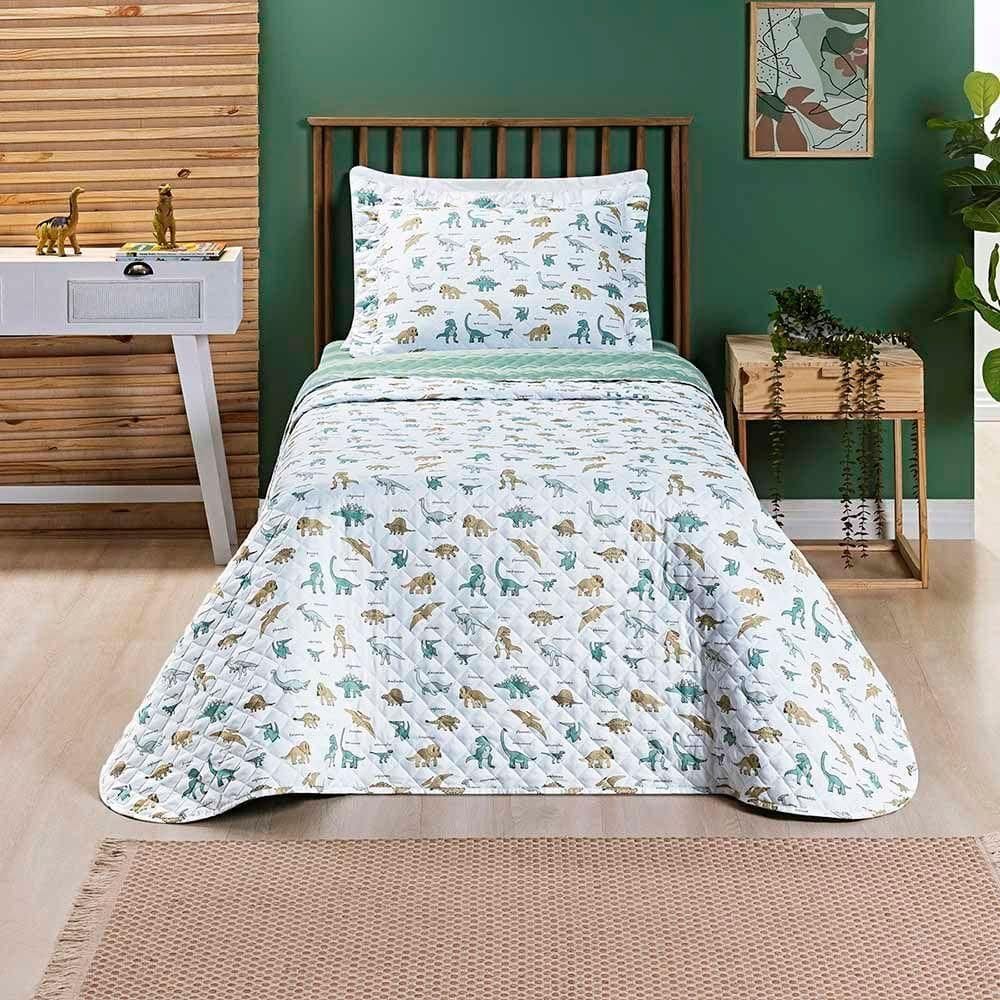 Kit Cobre Leito Colcha Joy Kids Solteiro Infantil 2 Peças Micropercal 200 Fios - Dino World - 100% Poliéster