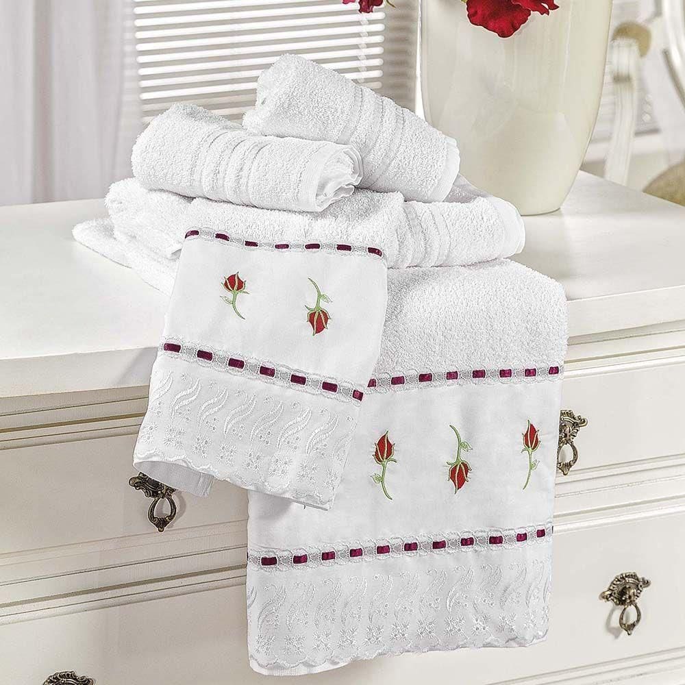 Jogo De Banho Toalhas Yasmin 5 Peças 100% Algodão 320g-m² Suave Floral - Branco