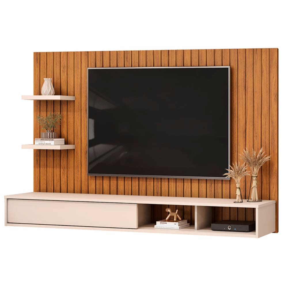 Painel Para TV Até 60 Polegadas Frisado Com Nichos Icaro Madeirado/Off White