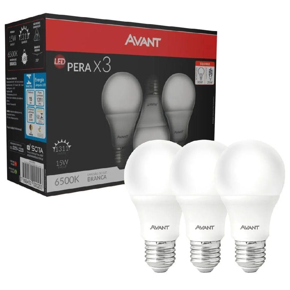 Lâmpada Pera Led Branca 6500k 15 Watts Bivolt Pack Com 3 Peças - 335441473 - Avant