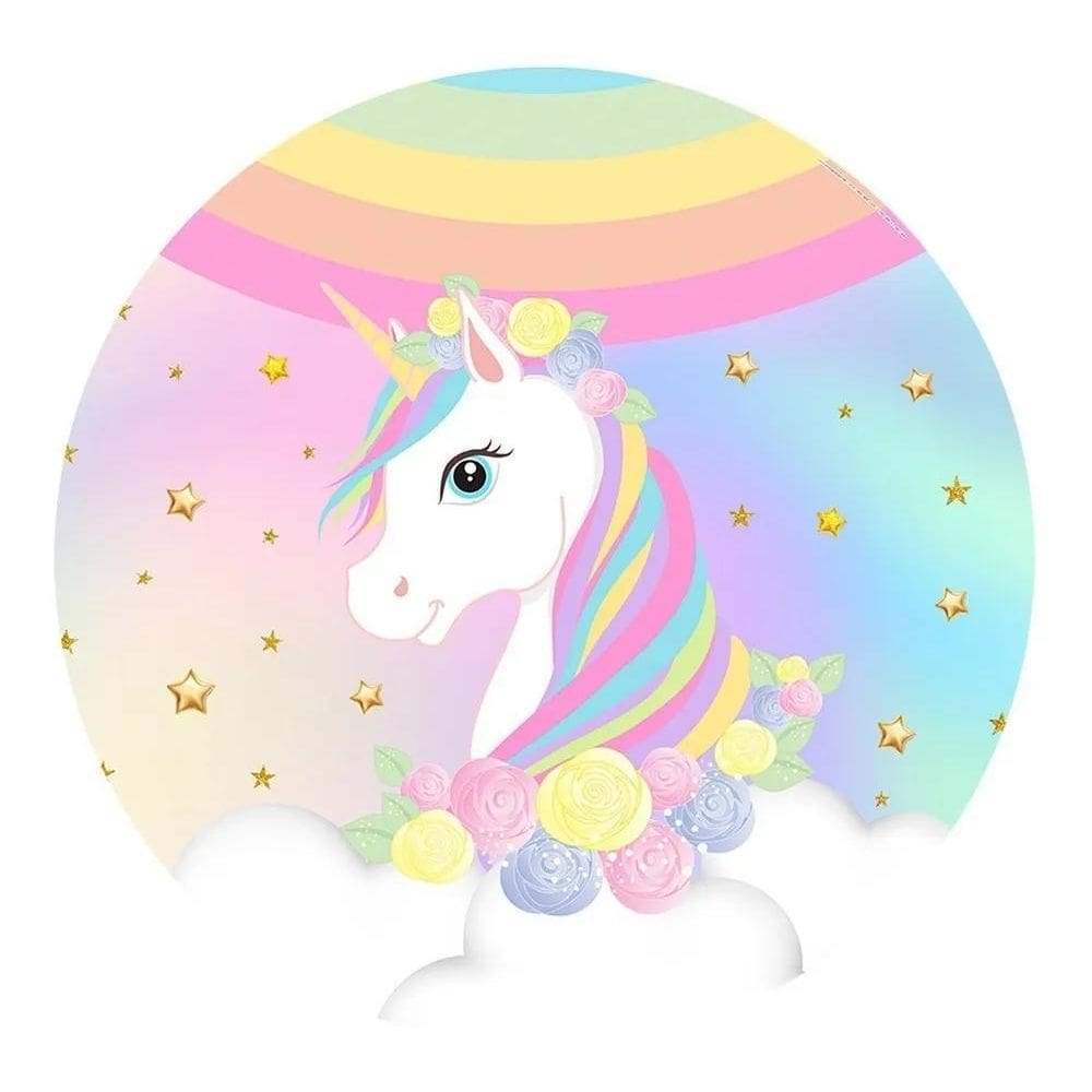 Painel Festa Redondo Sublimado 3D Tecido C Unicórnio Arco-Ír