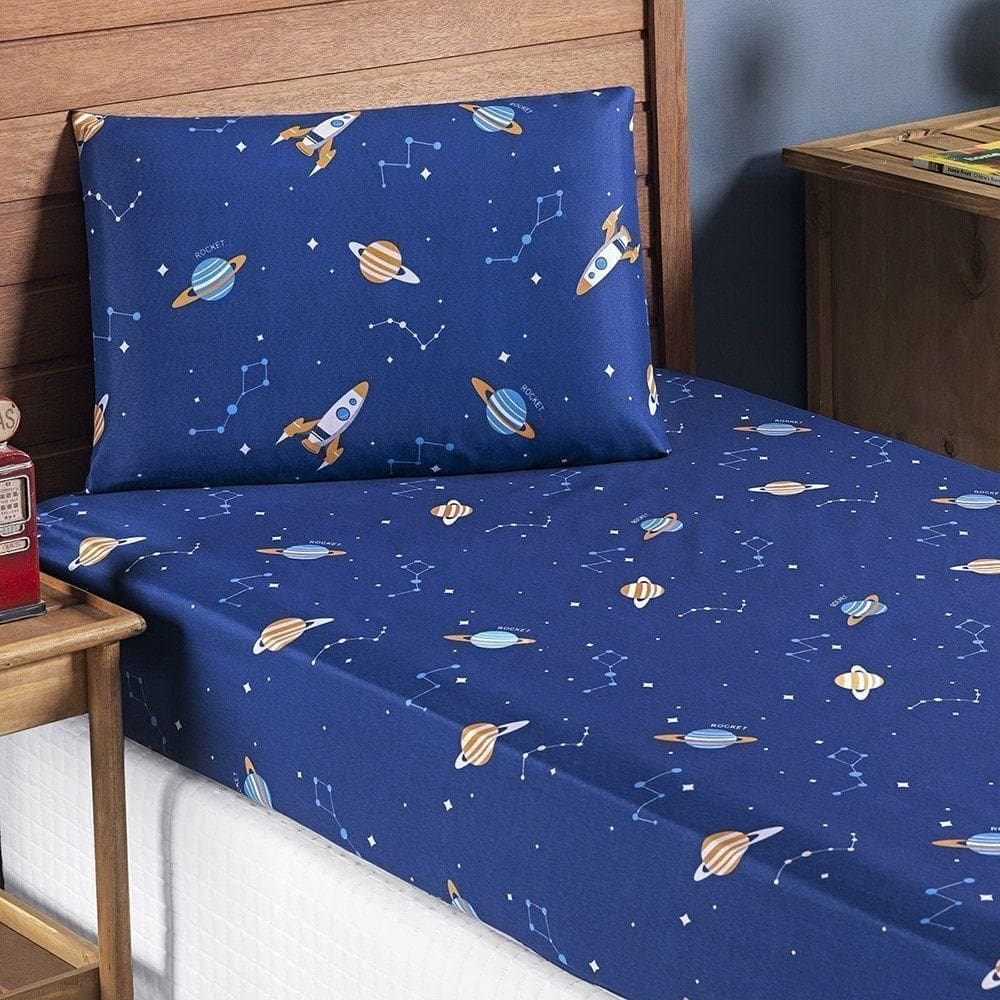Jogo De Cama Lençol Bouti Infantil Kids Solteiro 02 Peças 100% Poliéster - Galáxia