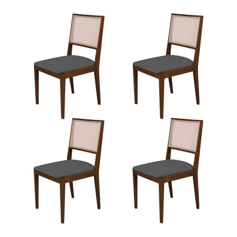 Kit 4 Cadeiras De Jantar Suellen Em Madeira E Mdf Mel Linho Cinza Grafite