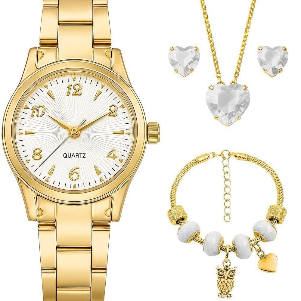 Relogio Feminino Aco Inox Banhado + Pulseira + Colar Brincos Analogico Ponteiro Pingente Social