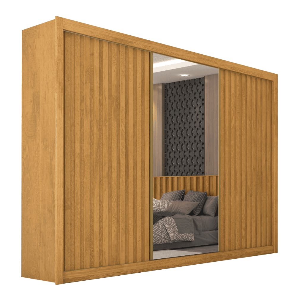 Guarda Roupas Casal 3 Portas de Correr com Espelho Ripado 100% MDF 6 Gavetas Dublin