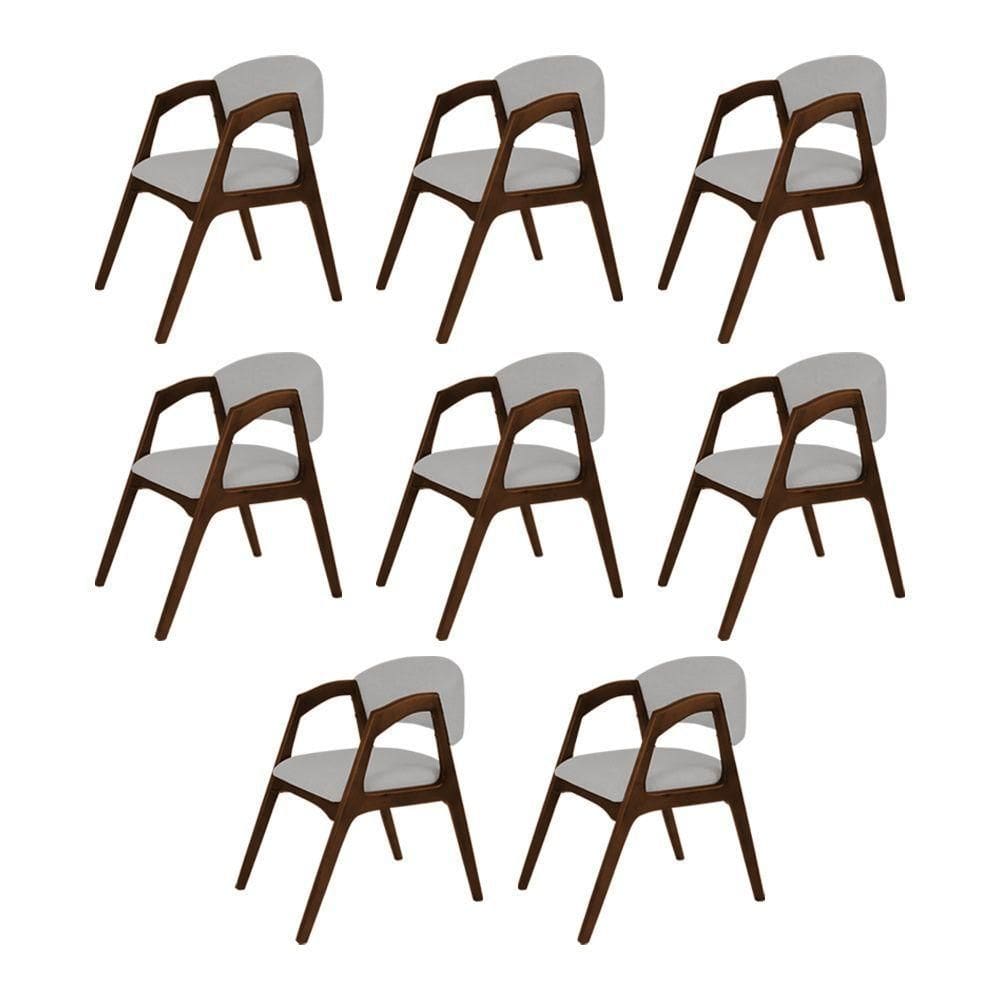 Conjunto Com 8 Cadeiras De Jantar Estofada Gabriela Em Madeira E Mdf Mel Linho Cinza Prata